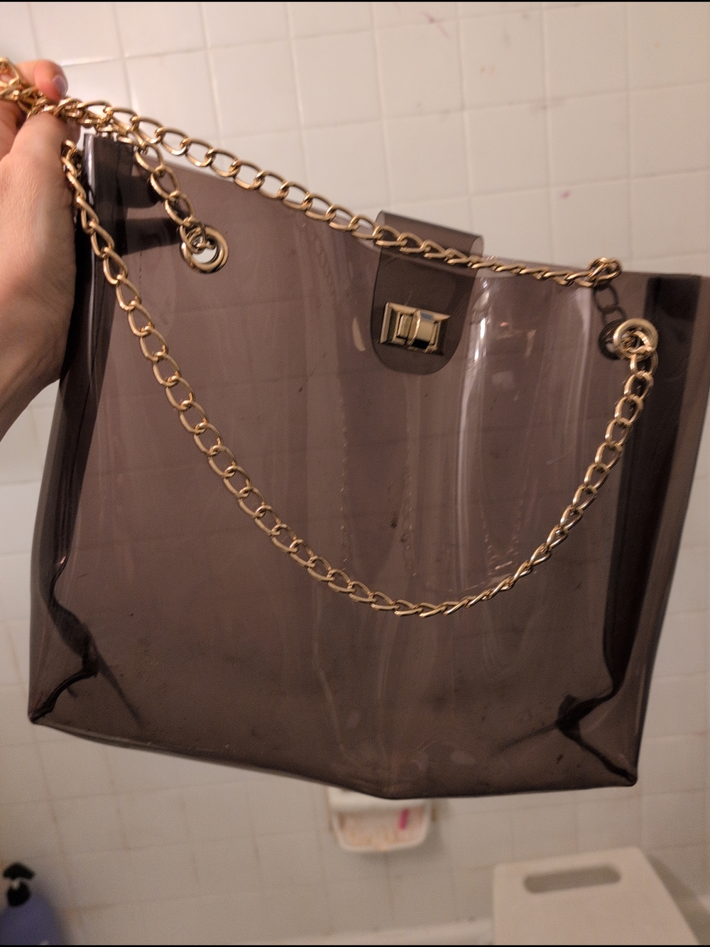 Clear Purse PVC Smoke Gray Tote Bag with Gold Chain Handles